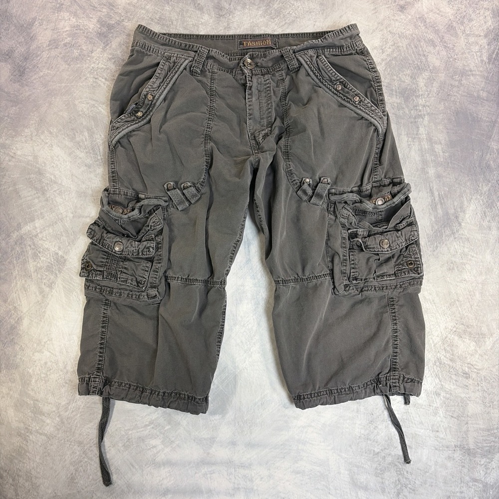 Vintage Fashion Cargo Shorts Mens 34 Gray Multi Pocket Utility Streetwear